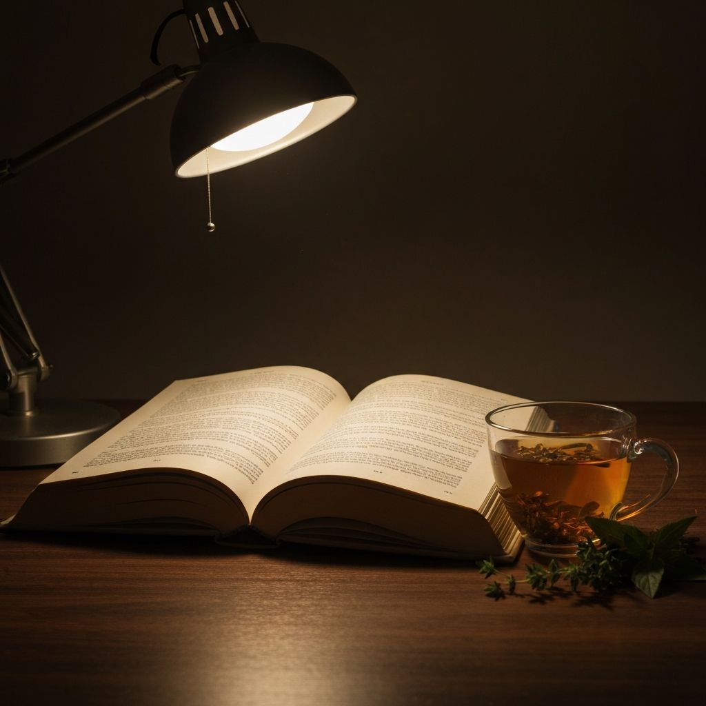 Open academic book with herbal tea on a dark wooden desk under warm lamp light