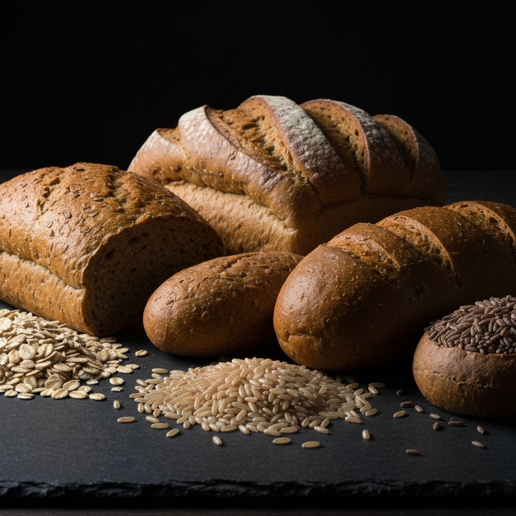 Assorted whole grain products including wholemeal bread, oats, brown rice, and rye arranged on a dark stone surface