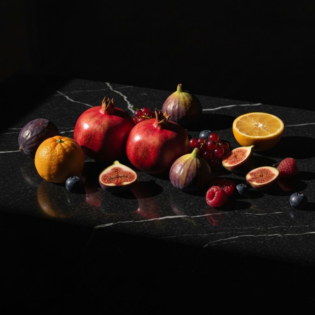 Fresh seasonal fruits including pomegranate, figs and berries